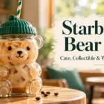 Illustration of a bear-shaped glass cup filled with iced coffee, with a green hat lid and striped straw on a café table.
