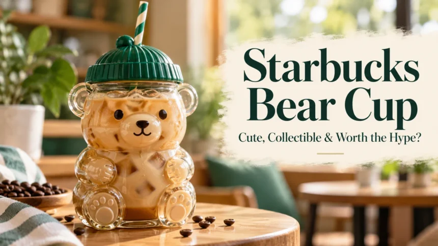 Illustration of a bear-shaped glass cup filled with iced coffee, with a green hat lid and striped straw on a café table.