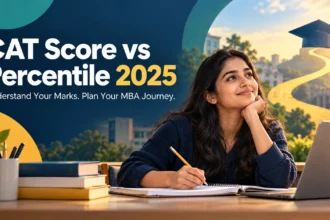 CAT Score vs Percentile 2025 blog cover featuring a student with books, a laptop, and a graduation cap symbol.