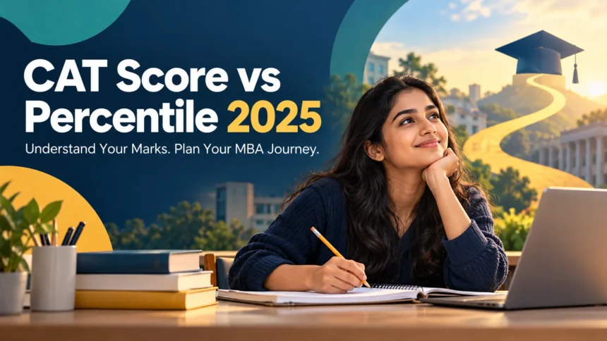 CAT Score vs Percentile 2025 blog cover featuring a student with books, a laptop, and a graduation cap symbol.